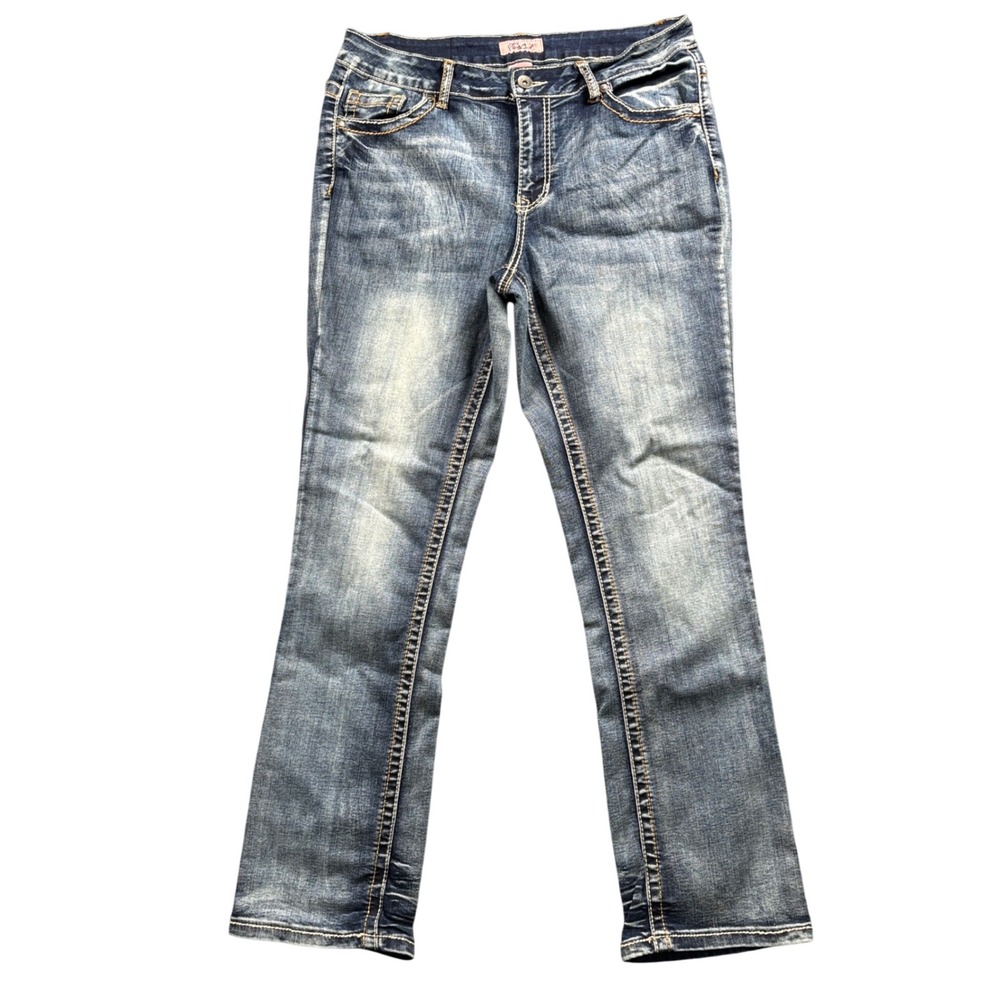 True Luck Jeans Denim Pants Women 14 Blue Straight Leg Thick Stitch Distressed